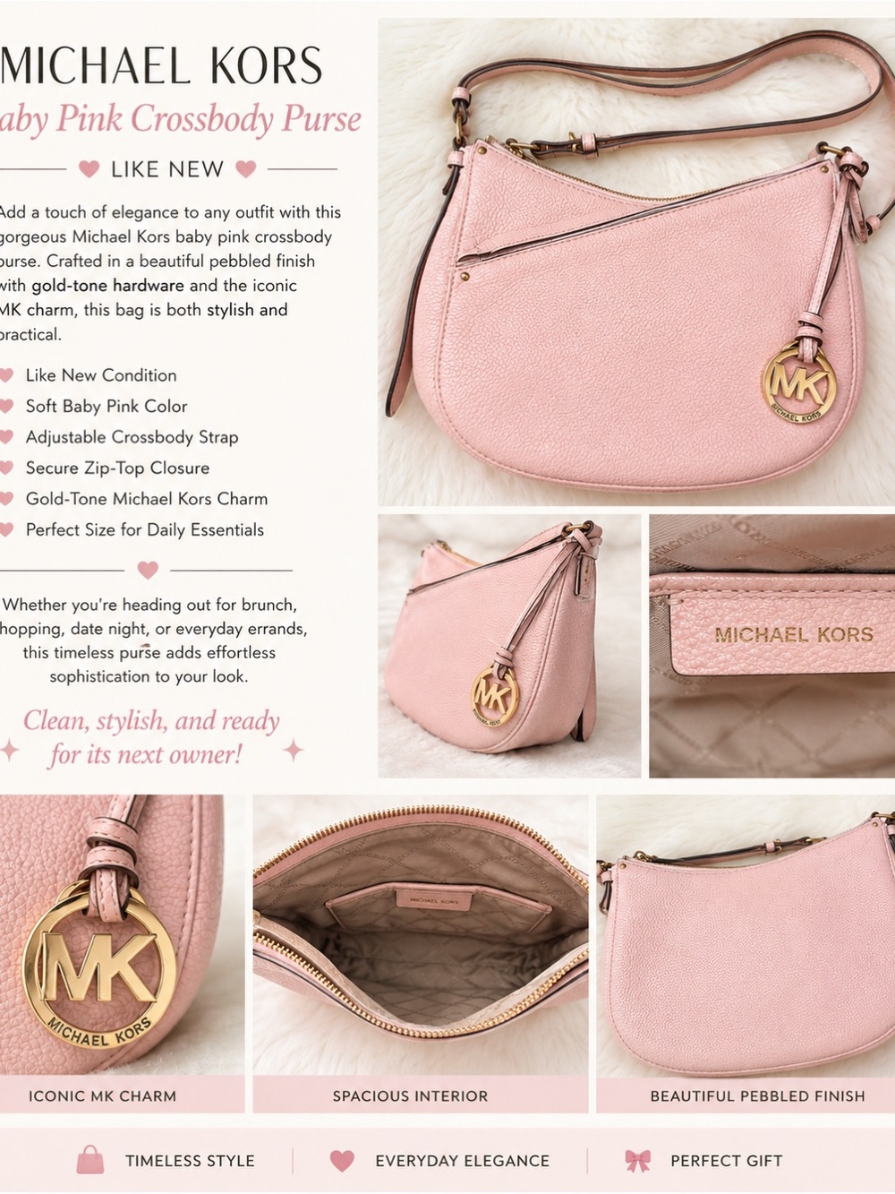 Michael Kors Pink Pebbled Leather Crossbody with Gold MK Charm